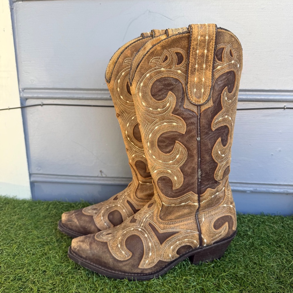 Sterling River Brown Leather Distressed Inlay Western Cowgirl Boots Women 7.5 M